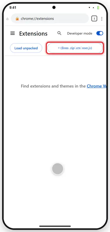 Tap + (from .zip/.crx/.user.js), pick language-lens-chrome.zip in Downloads, and the Language Lens card appears