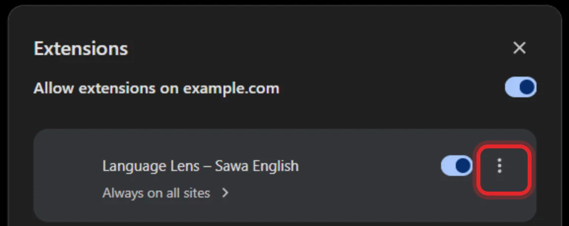 The Extensions menu: the Language Lens row with a red ring around the three-dot button