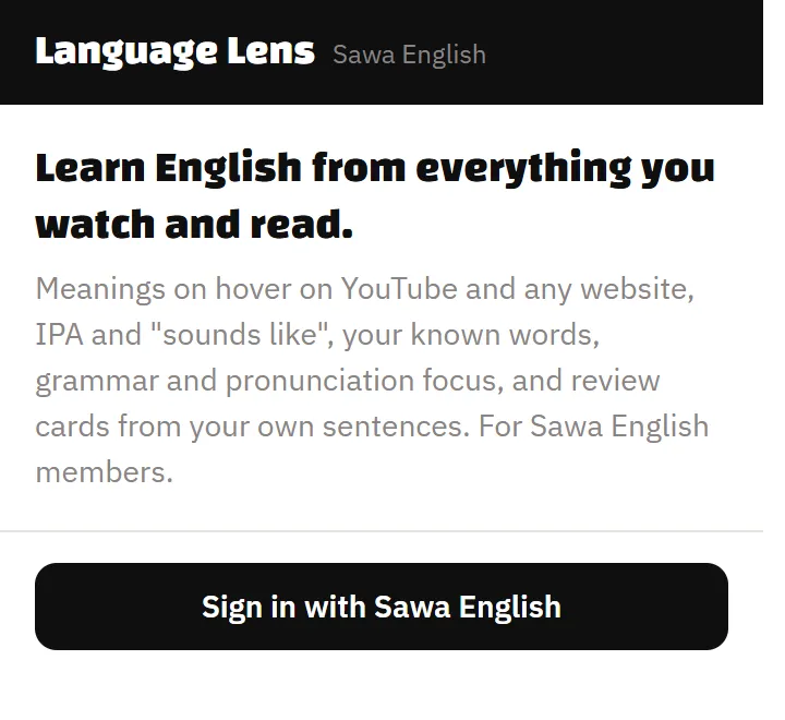 The Language Lens window with the Sign in with Sawa English button
