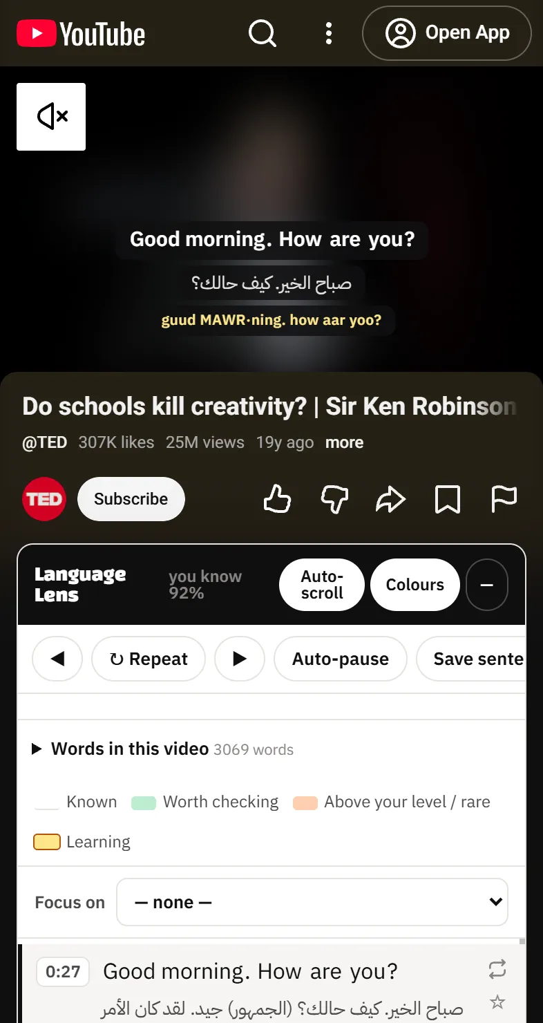 YouTube on a phone: the English line, the Arabic translation under it and how it sounds