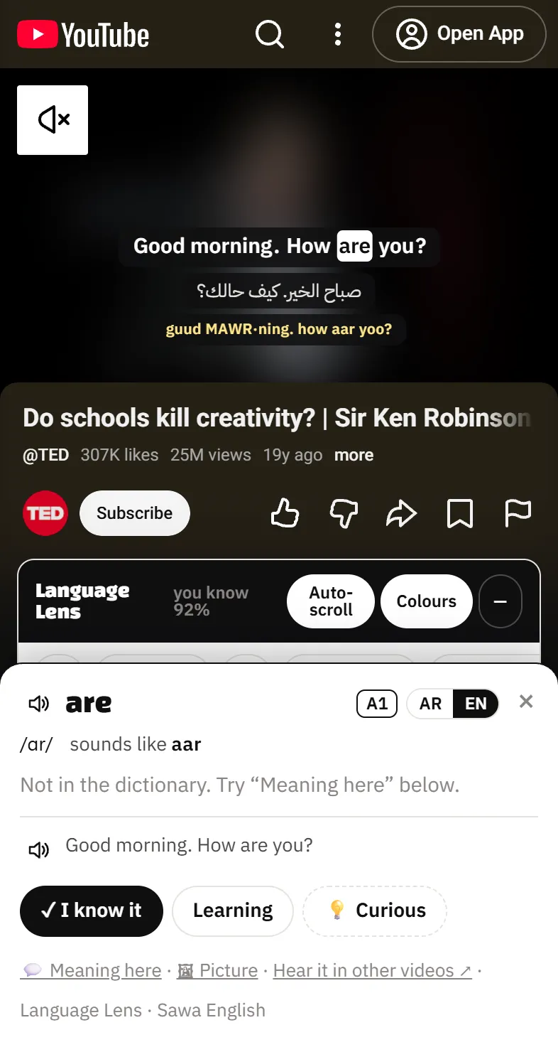 The word card: pronunciation, level and the Known, Learn and Curious buttons